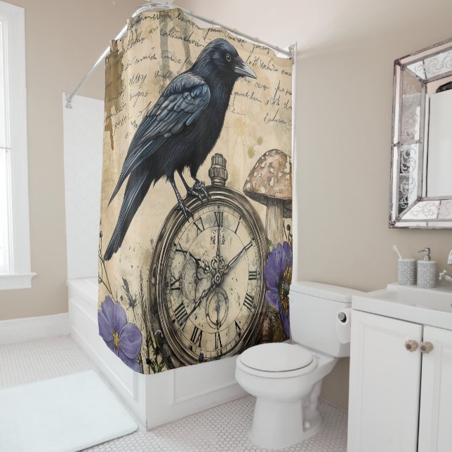 Vintage Gothic Raven Shower Curtain (In Situ)