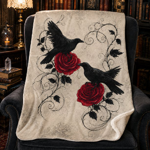 Vintage Gothic Ravens Crimson Roses Sherpa Blanket