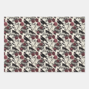 Vintage Gothic Ravens, Roses and Books  Wrapping Paper Sheet
