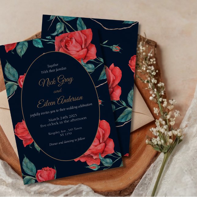 Vintage Gothic Red Rose Wedding Invitation (Watercolor Red Rose Wedding Invite)