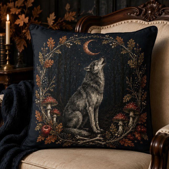 Vintage Gothic Samhain Howling Wolf Moon Art  Cushion (Vintage Gothic Samhain Howling Wolf Moon Art Throw Pillow)