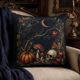 Vintage Gothic Samhain Raven Moon Skull Art Cushion
