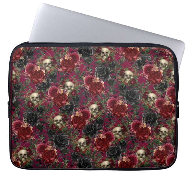 Vintage Gothic Skull and Roses Red and Black Laptop Sleeve (Front)