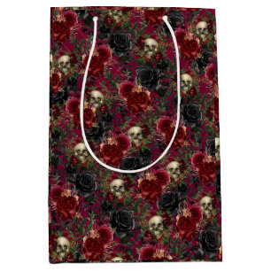 Vintage Gothic Skull and Roses Red and Black Medium Gift Bag