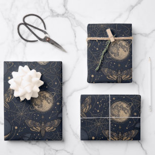 Vintage Gothic Skull Bat & Moon Spiderweb Wrapping Paper Sheet