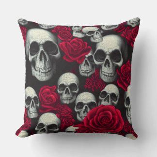 Vintage Gothic Skulls Red Roses Garden Cushion