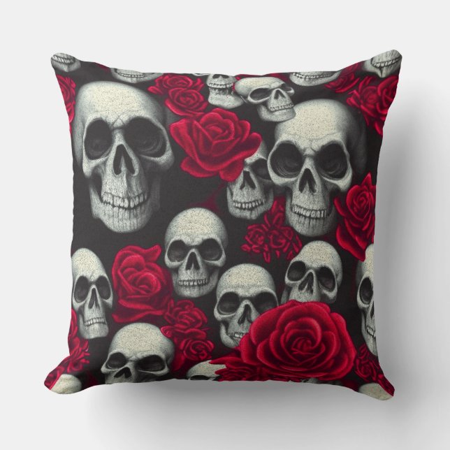 Vintage Gothic Skulls Red Roses Garden Cushion (Front)