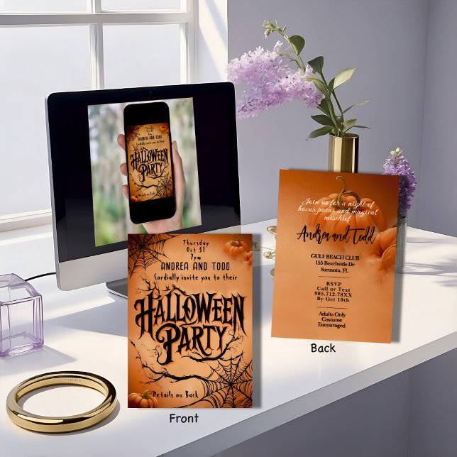 Vintage gothic spider web editable Halloween Party Invitation (Creator Uploaded)