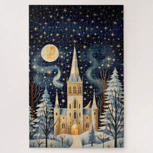 Vintage Gouache Styled Winter Church 20x30 Jigsaw Puzzle