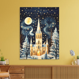 Vintage Gouache Styled Winter Church 32x24 Canvas Print