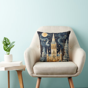 Vintage Gouache Styled Winter Church Christmas Cushion