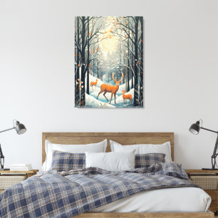 Vintage Gouache Styled Winter Deer 32x24 Canvas Print
