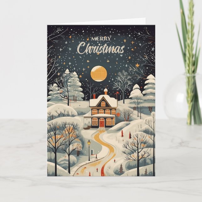 Vintage Gouache Styled Winter Home Christmas Holiday Card (Front)