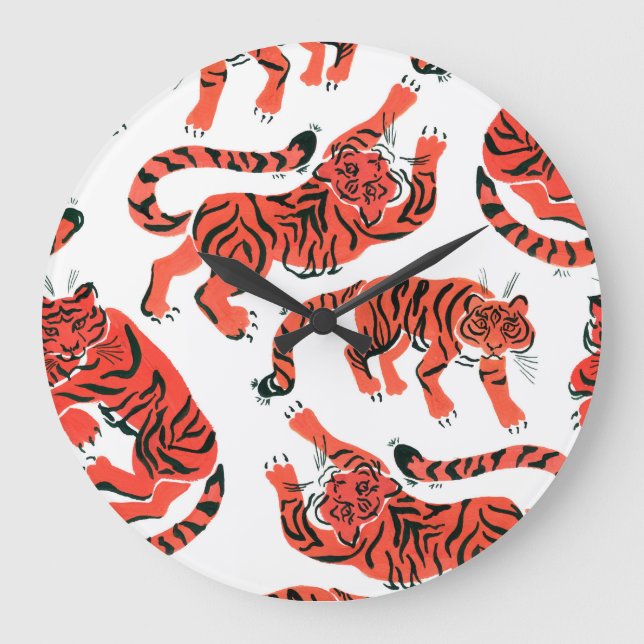 Vintage Gouache Tigers Seamless Pattern Large Clock (Front)