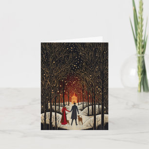 Vintage Gouache Winter Couple and Church Blank Note Card