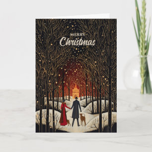 Vintage Gouache Winter Couple and Church Christmas Holiday Card