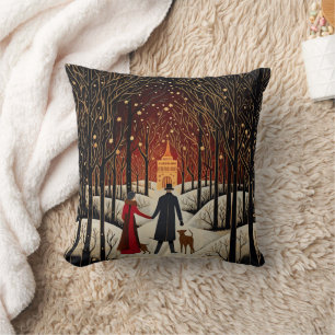 Vintage Gouache Winter Couple and Church Cushion