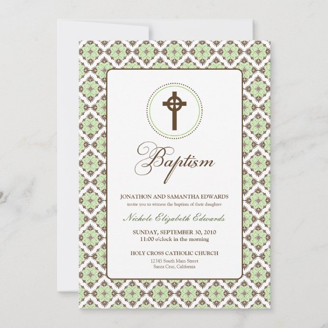 Vintage Grace Baptism 5x7 Invitation (brown/sage) (Front)