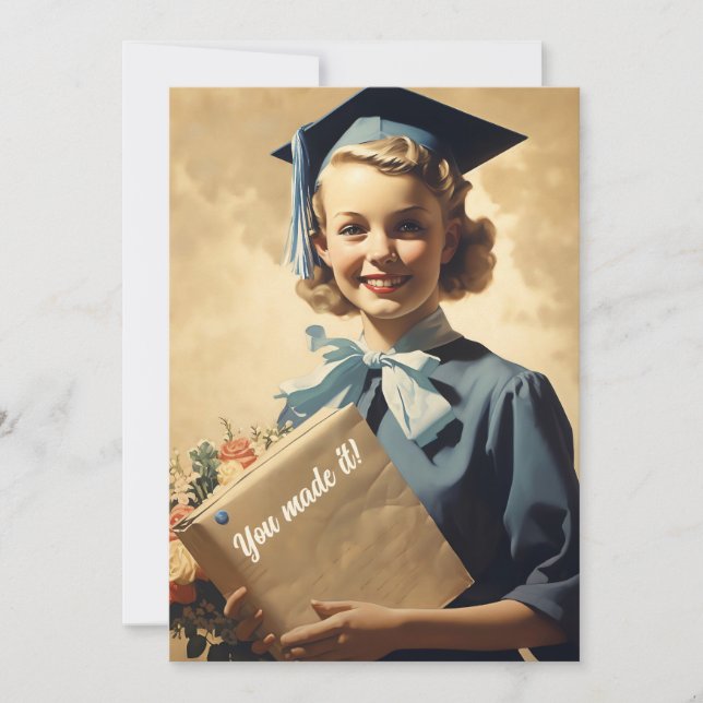 Vintage graduate girl holding book announcement (Front)