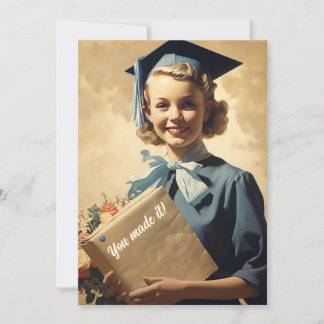 Vintage graduate girl holding book announcement