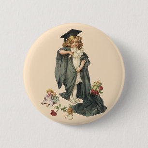 Vintage Graduation, Girl Wearing a Cap and Gown 6 Cm Round Badge