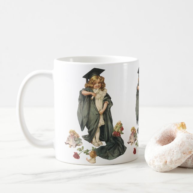 Vintage Graduation, Girl Wearing a Cap and Gown Coffee Mug (With Donut)