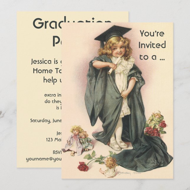 Vintage Graduation, Girl Wearing a Cap and Gown Invitation (Front/Back)