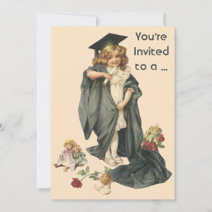 Vintage Graduation, Girl Wearing a Cap and Gown Invitation