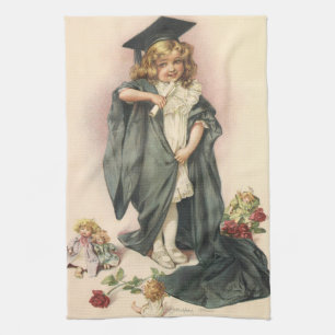 Vintage Graduation, Girl Wearing a Cap and Gown Tea Towel