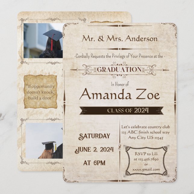 Vintage graduation Invitation /Announcement (Front/Back)
