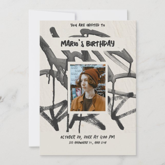 Vintage graffiti photo birthday invitation (Front)