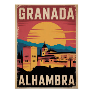 Vintage Granada Alhambra Travel Poster - Sunset