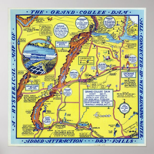 Vintage Grand Coulee Dam Hysterical Map Travel Poster (Front)
