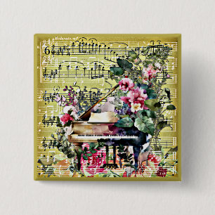Vintage Grand Piano and Floral Design 15 Cm Square Badge