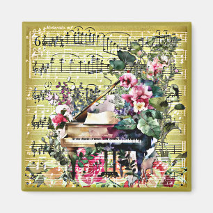 Vintage Grand Piano and Floral Design Magnet