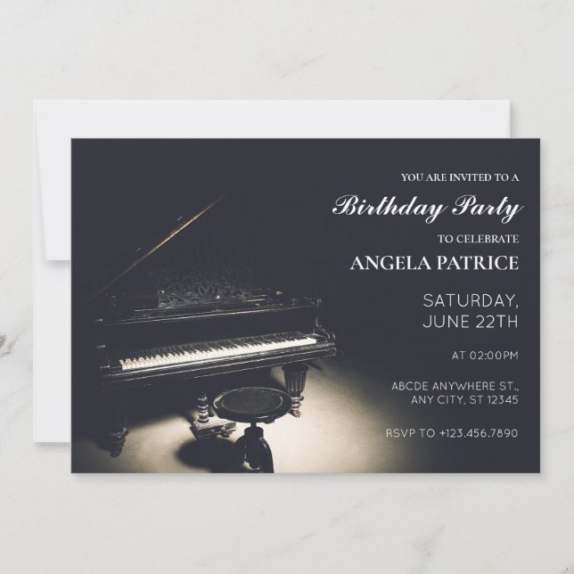 Vintage grand piano birthday invitation (Front)