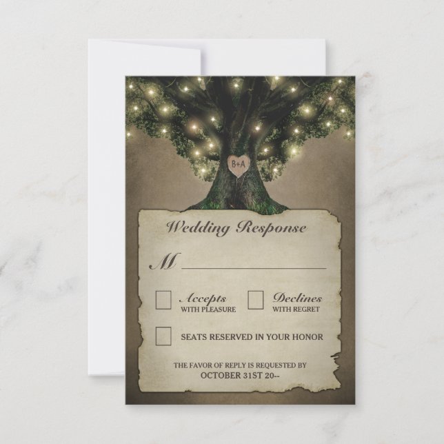 Vintage Grandfather Oak Tree Wedding RSVP Cards (Front)