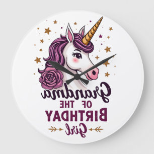 Vintage Grandma Of The Birthday Girl Unicorn Flora Large Clock