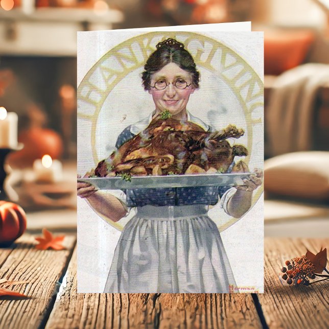 Vintage Grandma Serving Turkey Thanksgiving Holiday Card (Creator Uploaded)