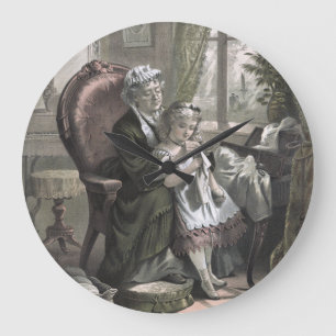Vintage Grandma Teaching Kitting to Granddaughter Large Clock