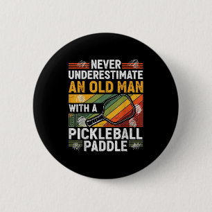Vintage grandpa underestimate an old man with a 6 cm round badge