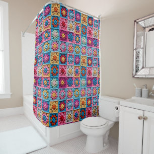 Vintage Granny Square Crochet Shower Curtain