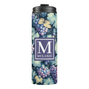 Vintage Grape Pattern Monogram and Name Thermal Tumbler