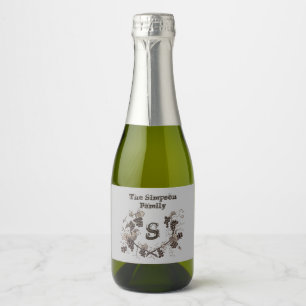 Vintage Grapes and Vines Black White Add Monogram Sparkling Wine Label