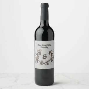 Vintage Grapes and Vines Black White Add Monogram Wine Label
