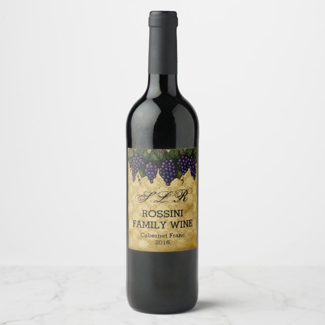 Vintage Grapes, Custom Family Wine Bottle Label (Front)