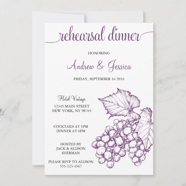 Vintage Grapes Wedding Rehearsal Dinner Invite (Front)