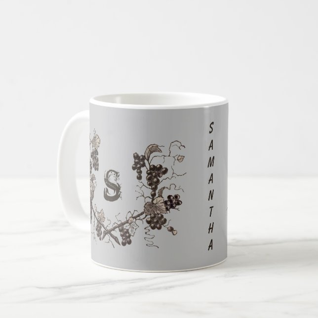 Vintage Grapevine Etching Black and White Monogram Coffee Mug (Front Left)