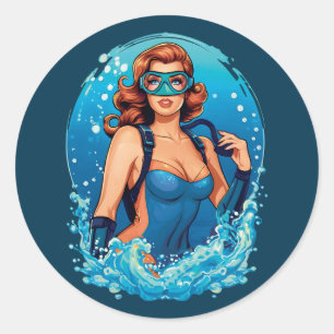 Vintage Graphic Design Female Scuba Diver Classic Round Sticker