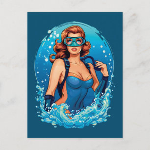 Vintage Graphic Design Female Scuba Diver Postcard